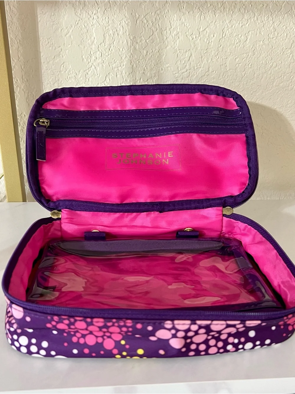 Stephanie Johnson Pink and Purple Dot Travel Cosmetic Case with Detachable Pouch